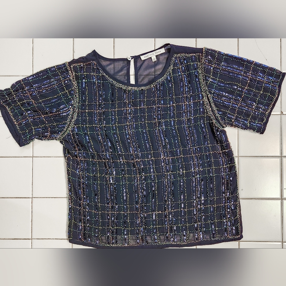 English Rose Navy Sequin Blouse